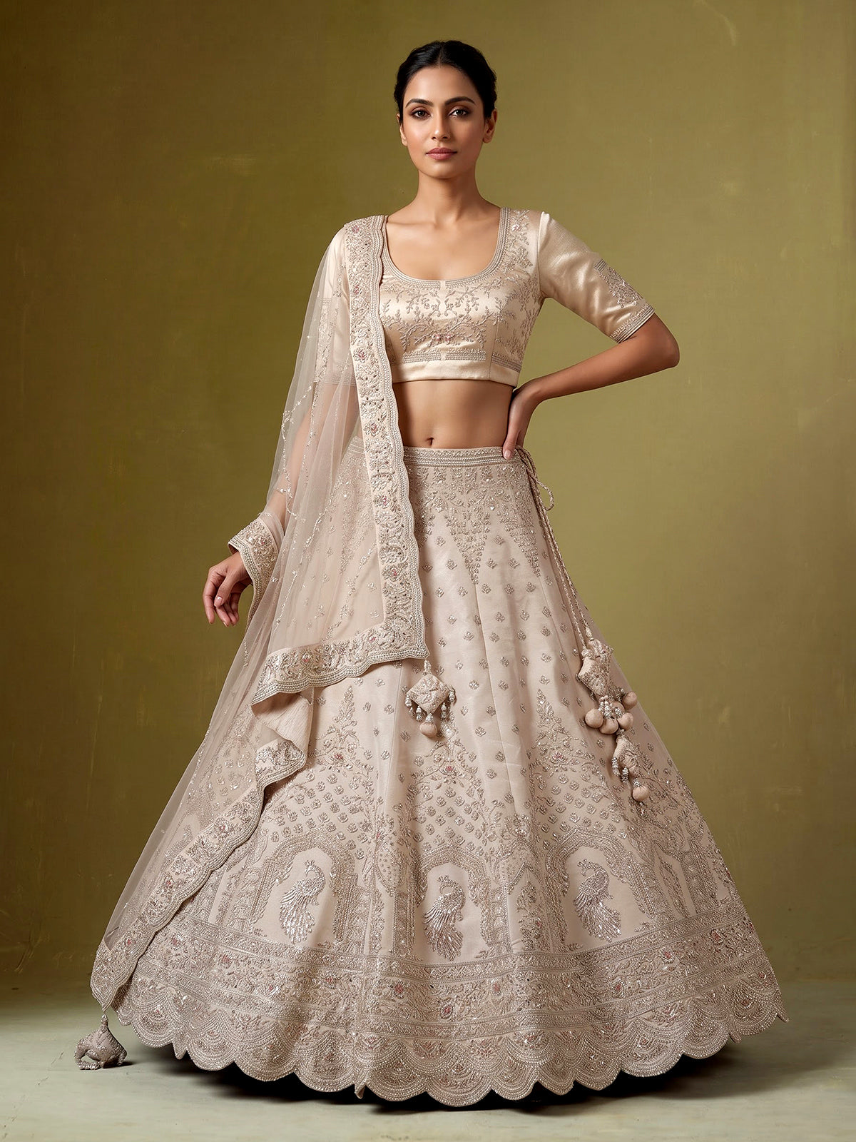 Peach silk unstitched lehenga choli with mirror diamond detailing