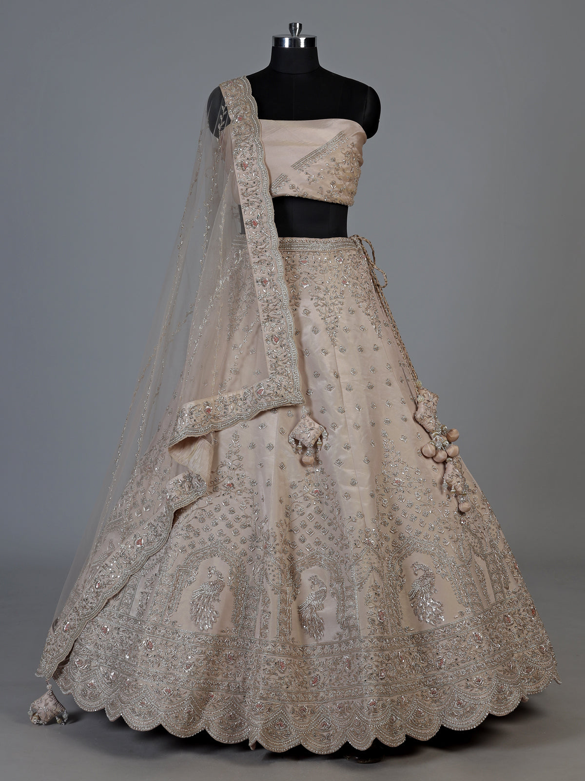 Peach silk unstitched lehenga choli with mirror diamond detailing