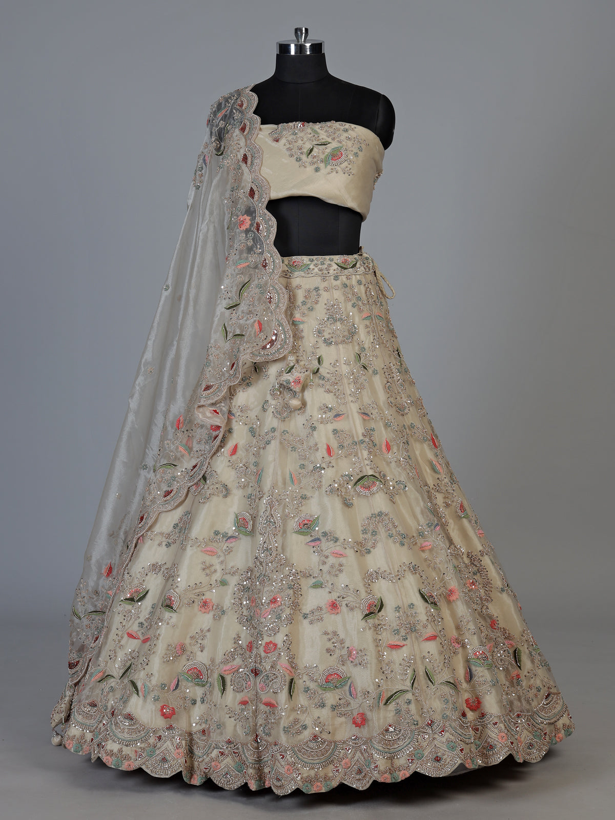 Beige tissue silk unstitched lehenga choli with pearl elegance