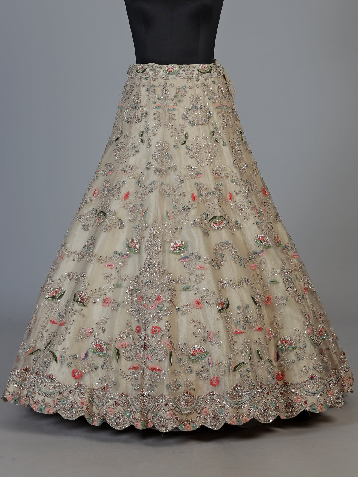 Beige tissue silk unstitched lehenga choli with pearl elegance