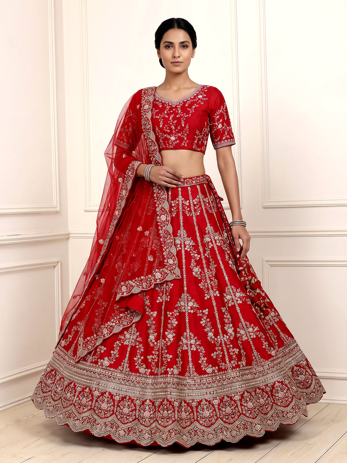Maroon raw silk unstitched bridal lehenga choli with heavy embellishments