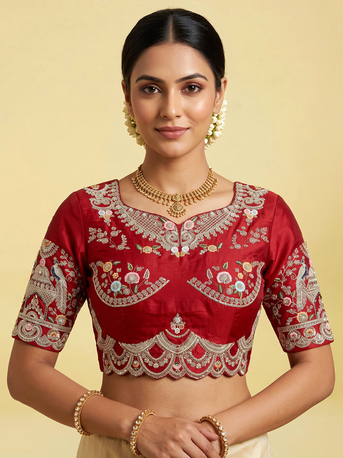 Red raw silk unstitched bridal lehenga choli with artistic detailing