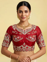 Red raw silk unstitched bridal lehenga choli with artistic detailing