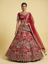 Red raw silk unstitched bridal lehenga choli with artistic detailing