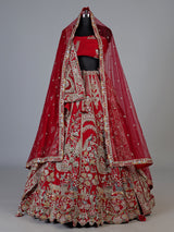 Red raw silk unstitched bridal lehenga choli with artistic detailing