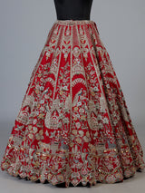 Red raw silk unstitched bridal lehenga choli with artistic detailing