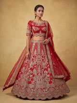 Red raw silk unstitched bridal lehenga choli with ornate craftsmanship
