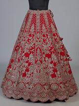 Red raw silk unstitched bridal lehenga choli with ornate craftsmanship