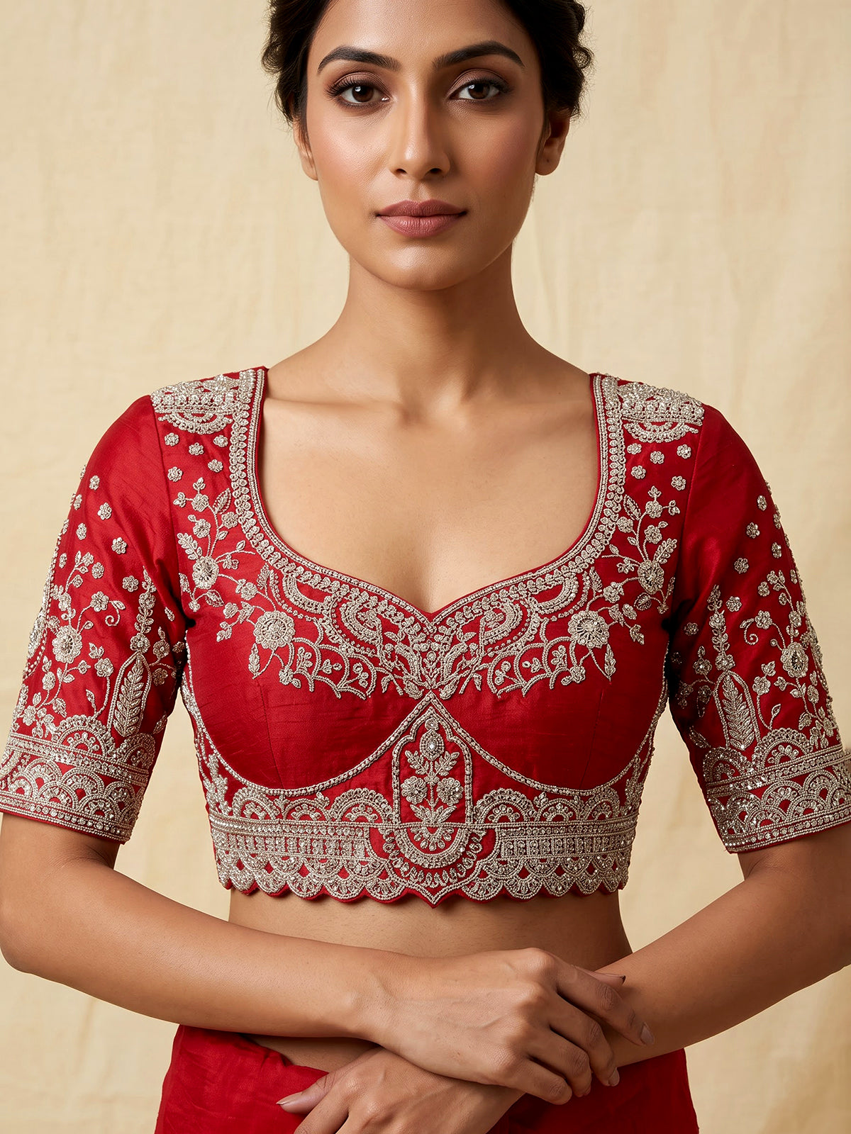 Red raw silk unstitched bridal lehenga choli with lavish detailing