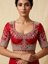 Red raw silk unstitched bridal lehenga choli with lavish detailing