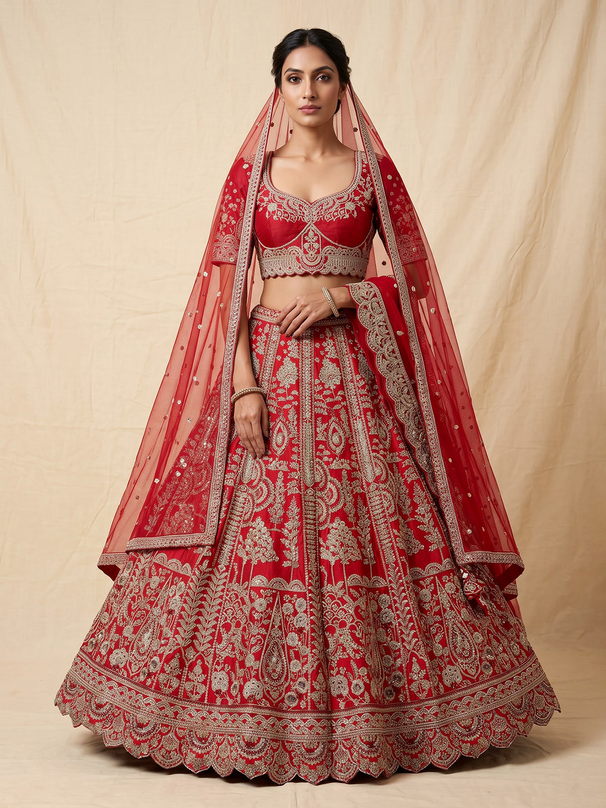 Red raw silk unstitched bridal lehenga choli with lavish detailing