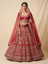Red raw silk unstitched bridal lehenga choli with lavish detailing