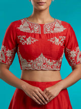 Red raw silk unstitched bridal lehenga choli with artistic motifs