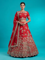 Red raw silk unstitched bridal lehenga choli with artistic motifs