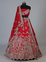Red raw silk unstitched bridal lehenga choli with artistic motifs