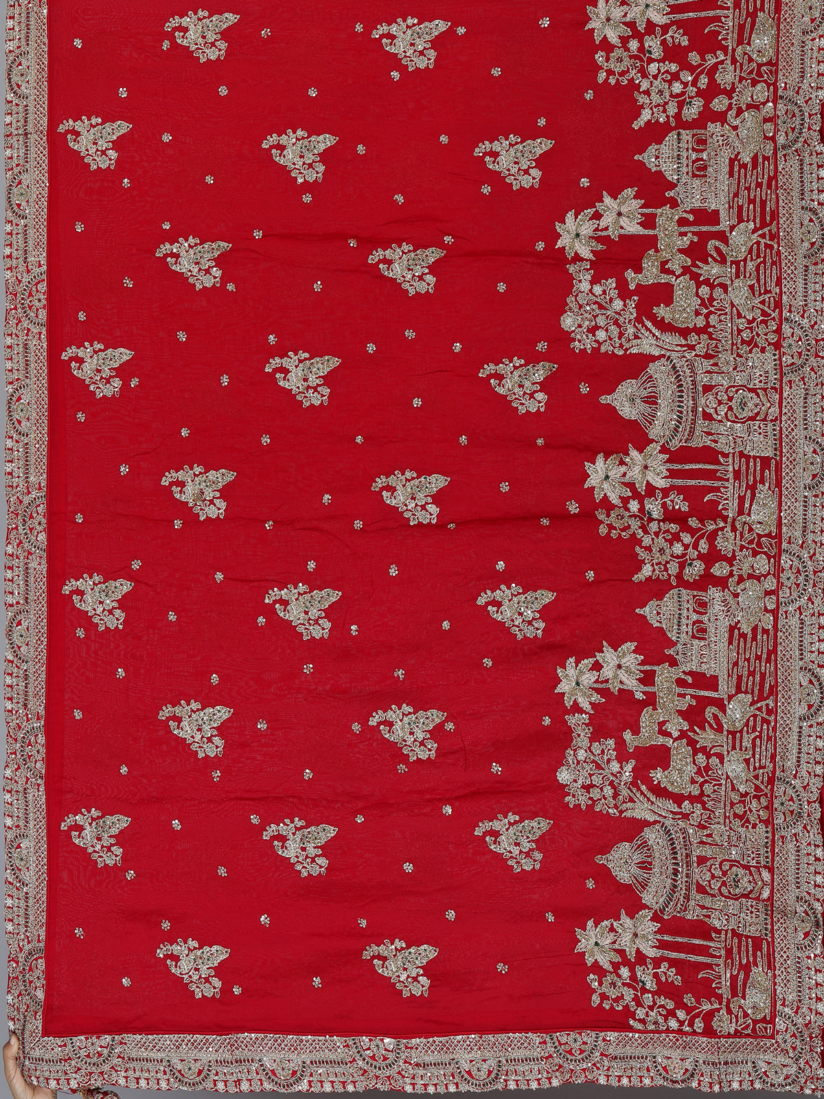 Red raw silk unstitched bridal lehenga choli with artistic motifs