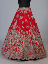 Red raw silk unstitched bridal lehenga choli with artistic motifs