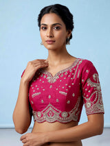 Rani pink silk unstitched bridal lehenga choli with double dupattas