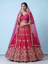 Rani pink silk unstitched bridal lehenga choli with double dupattas