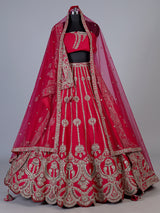 Rani pink silk unstitched bridal lehenga choli with double dupattas
