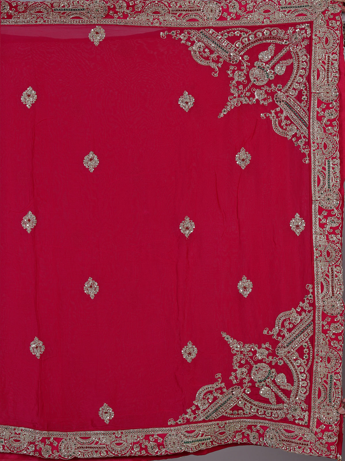 Rani pink silk unstitched bridal lehenga choli with double dupattas