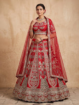 Red raw silk unstitched bridal lehenga choli with peacock artistry
