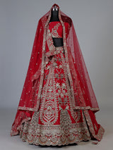 Red raw silk unstitched bridal lehenga choli with peacock artistry