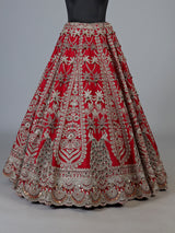 Red raw silk unstitched bridal lehenga choli with peacock artistry