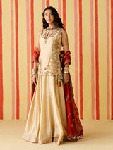 Beige silk lehenga choli with pearls and contrast dupatta