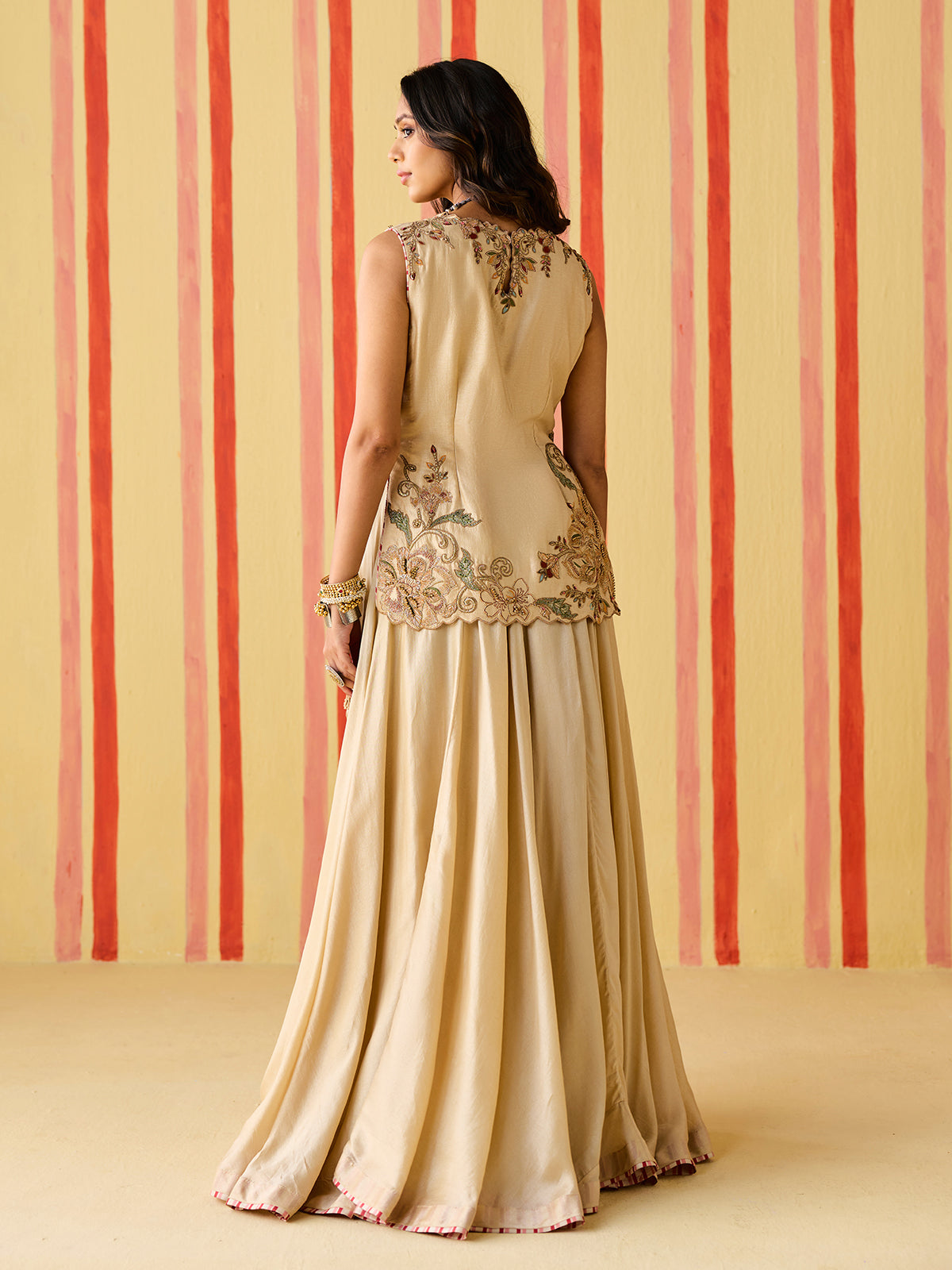 Beige silk lehenga choli with pearls and contrast dupatta