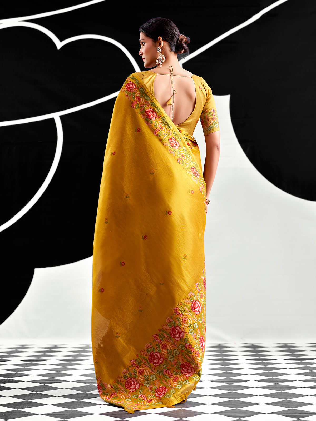 Mustard yellow festive wear tissue silk saree