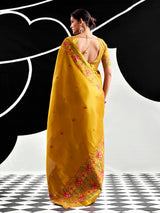 Mustard yellow festive wear tissue silk saree