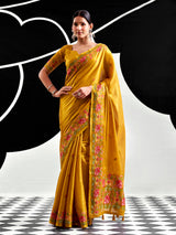 Mustard yellow festive wear tissue silk saree