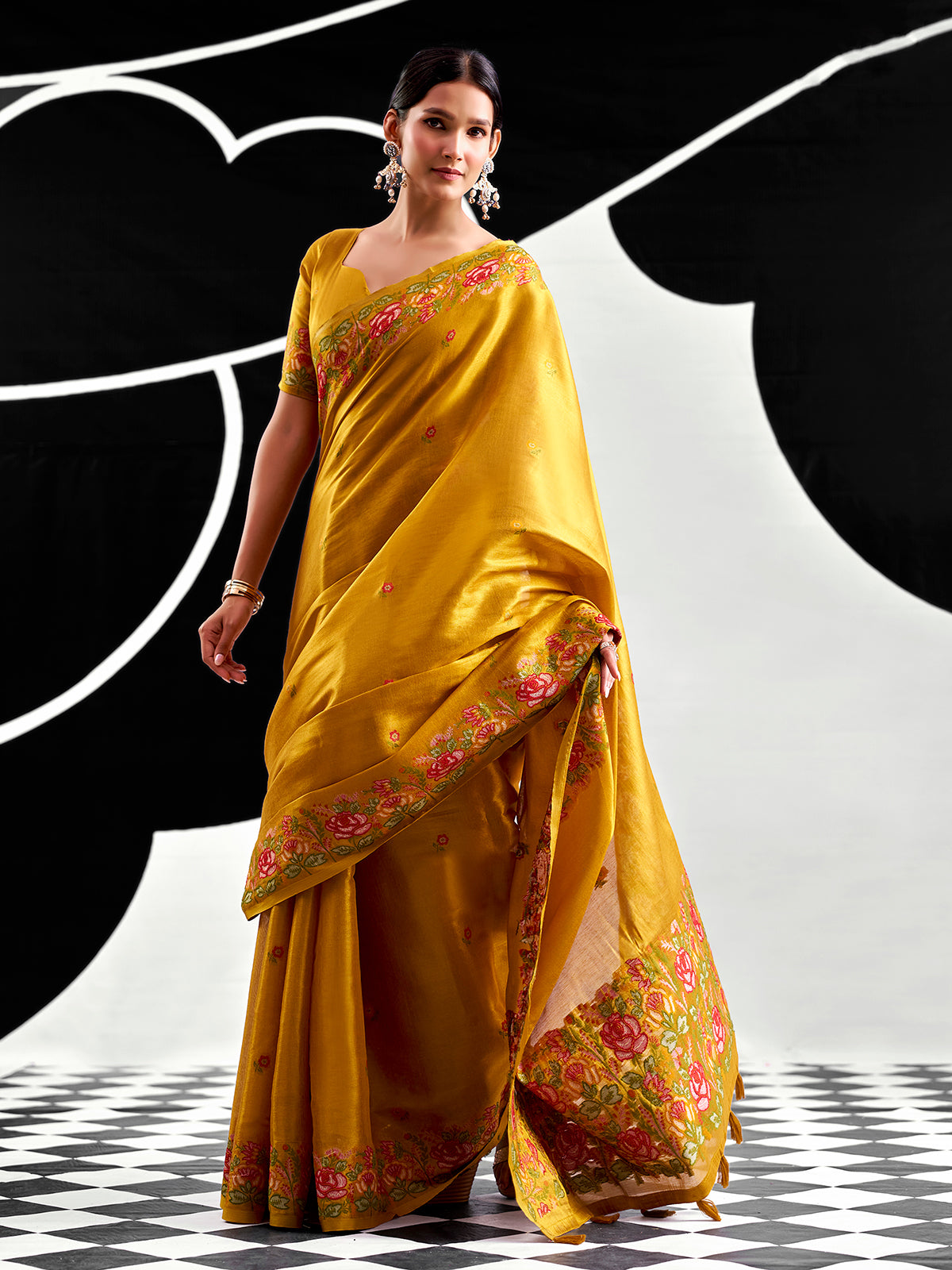 Mustard yellow festive wear tissue silk saree
