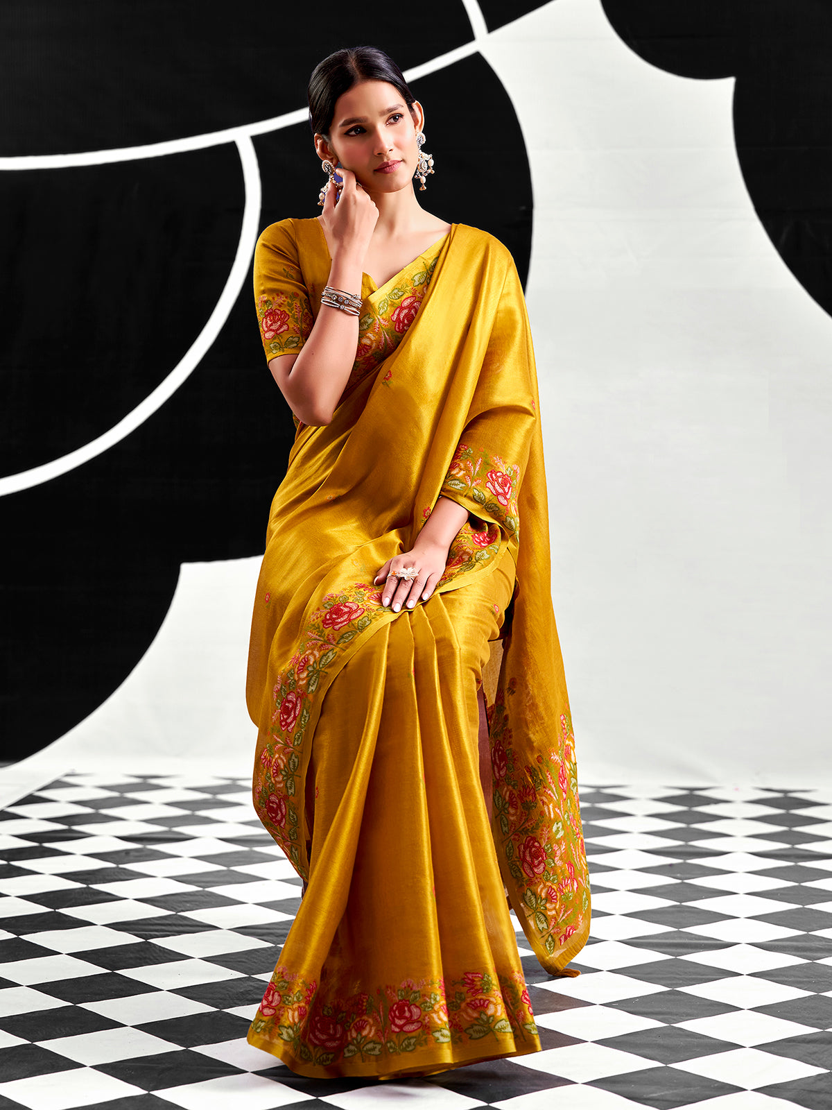 Mustard yellow festive wear tissue silk saree