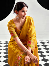 Mustard yellow festive wear tissue silk saree