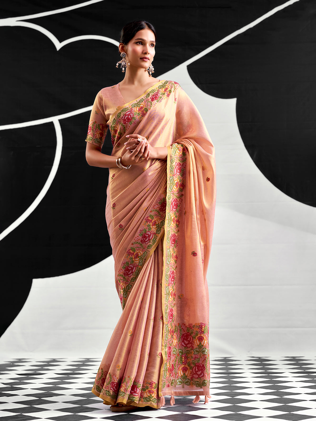 Pastel pink designer tissue silk saree