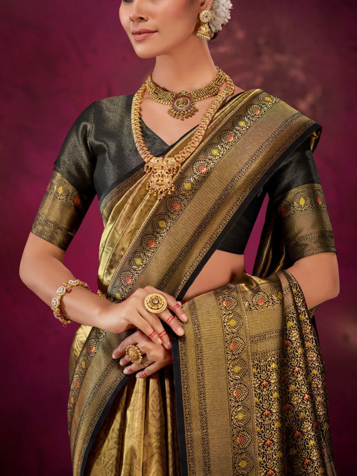 Classic black banarasi katan saree for women