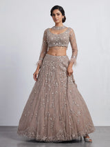Beige net lehenga choli with pearls diamonds and tassel detailing