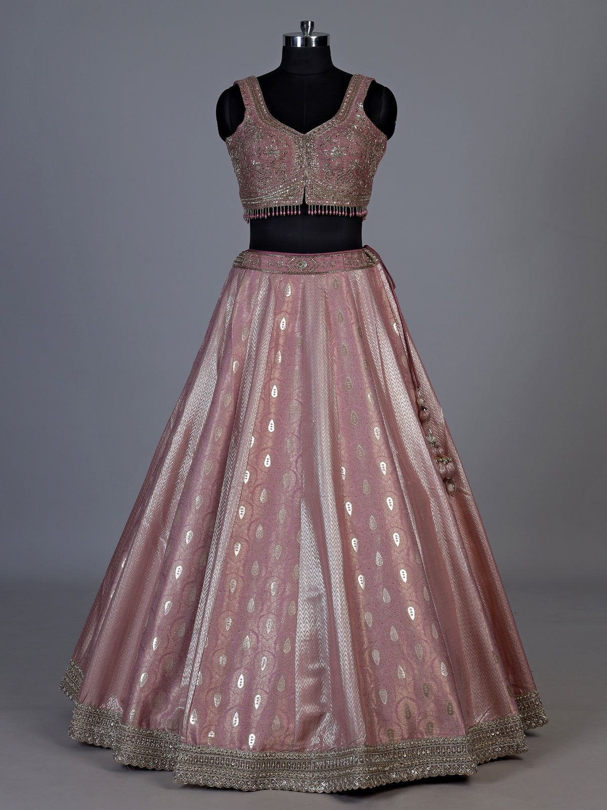 Onion pink jacquard brocade lehenga choli with intricate embellishments