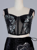 Black velvet lehenga choli with cutdana and pearl embellishments