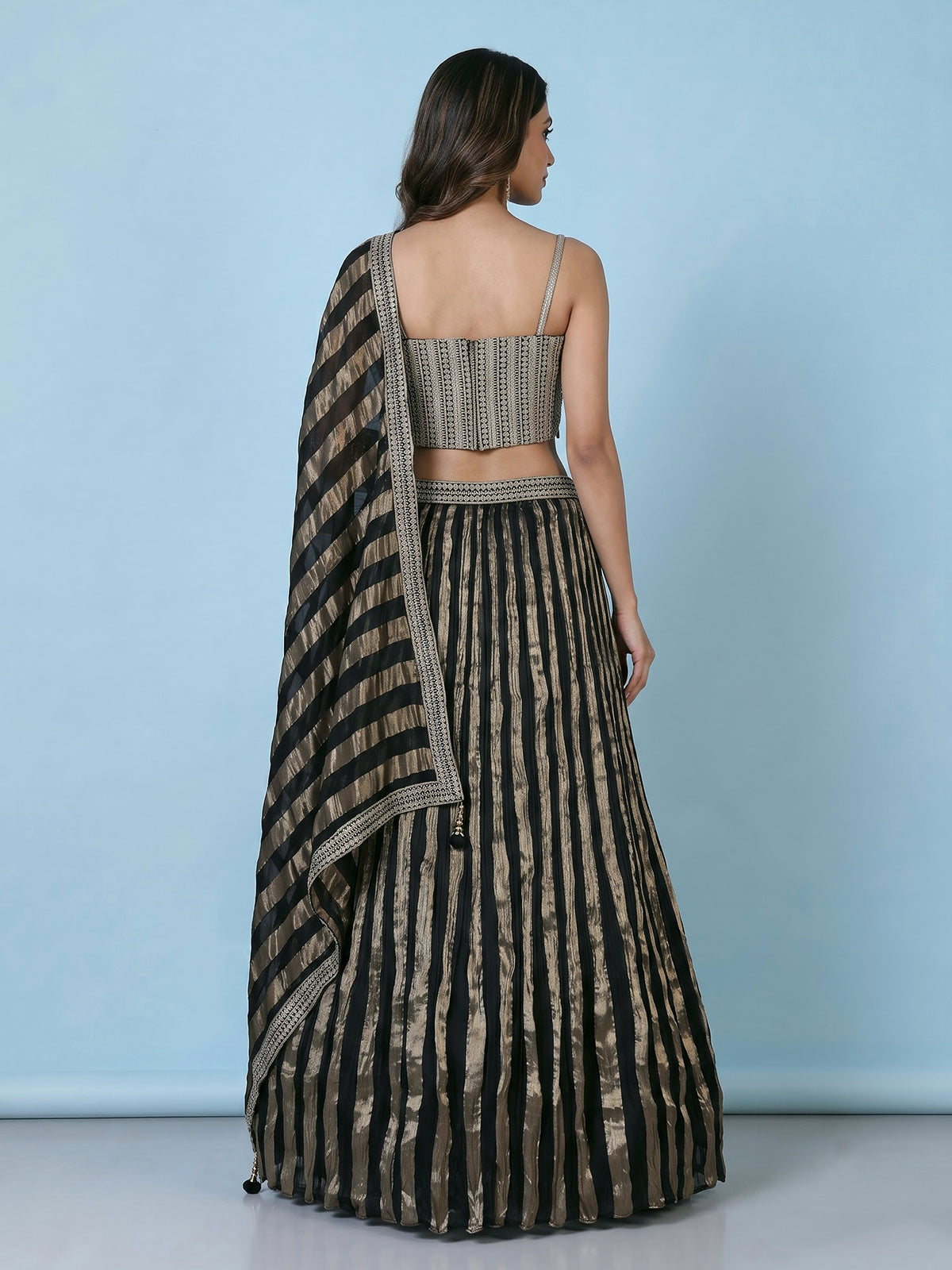 Black crushed tissue blend lehenga choli with resham zari elegance