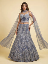 Stone grey net lehenga choli with zardosi stone embellishments