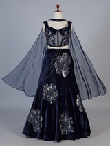 Blue velvet lehenga choli with cutdana and pearl embellishments
