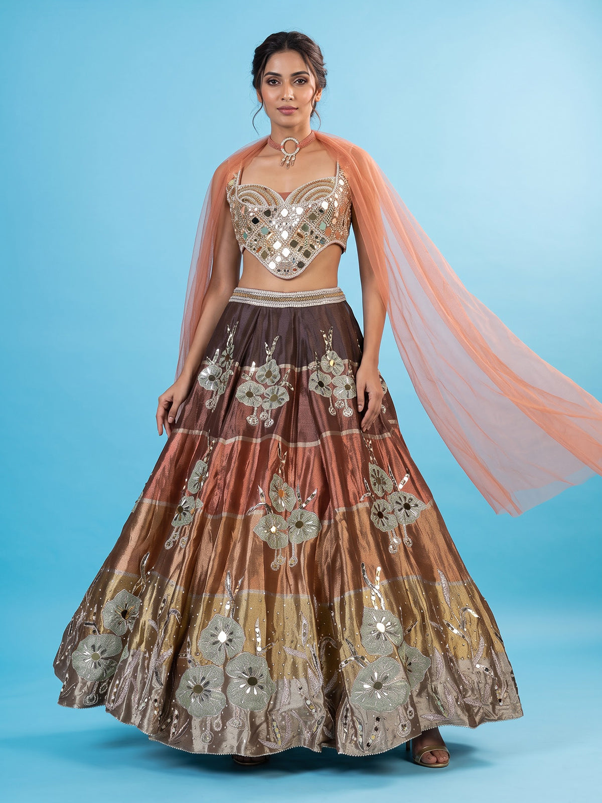Brown chanderi tissue silk lehenga choli with mirror pearl artistry