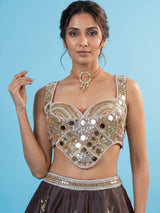 Brown chanderi tissue silk lehenga choli with mirror pearl artistry