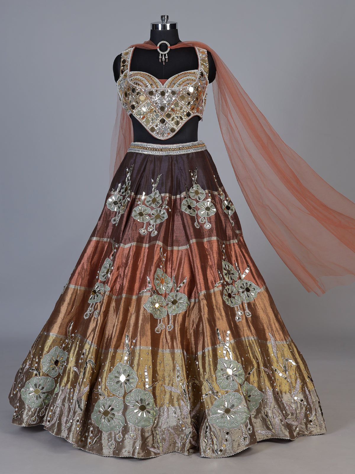 Brown chanderi tissue silk lehenga choli with mirror pearl artistry