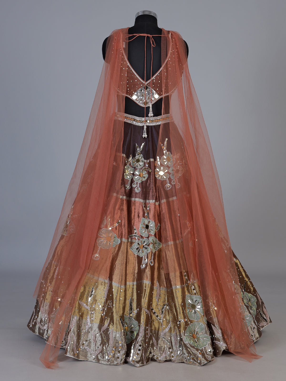 Brown chanderi tissue silk lehenga choli with mirror pearl artistry
