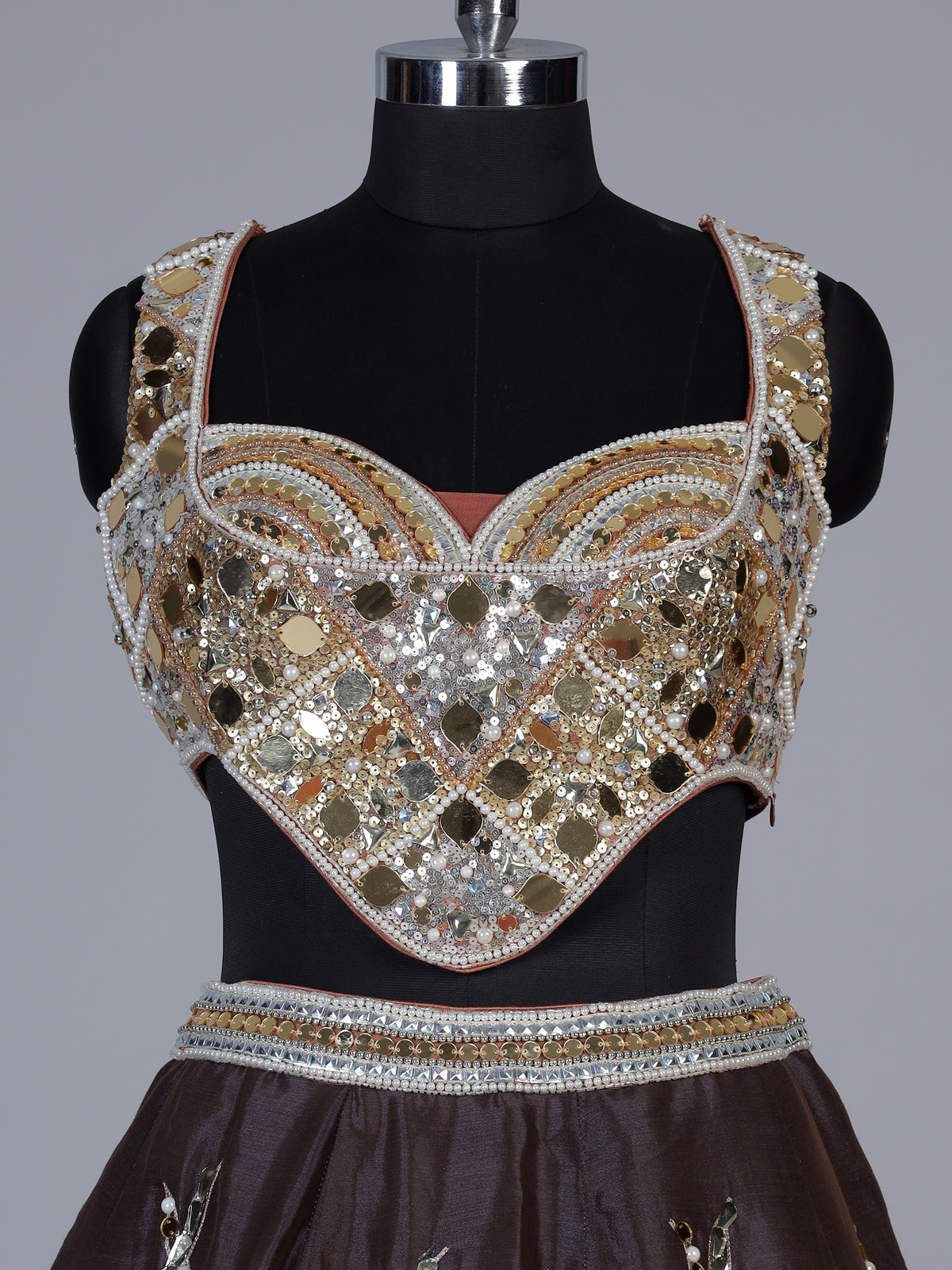 Brown chanderi tissue silk lehenga choli with mirror pearl artistry