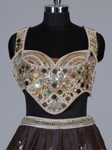 Brown chanderi tissue silk lehenga choli with mirror pearl artistry